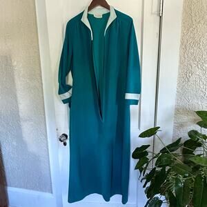 Vintage 70s Vanity Fair Velour Robe Teal & White Zip Front Lounge Dress Size 14